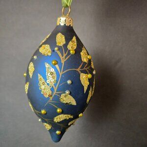 Frontgate Gold Leaf Blue Teardrop Glass Christmas Ornament Hand Decorated